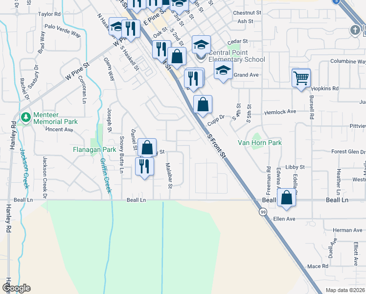 map of restaurants, bars, coffee shops, grocery stores, and more near 1420 Timothy Street in Central Point