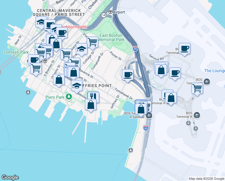 map of restaurants, bars, coffee shops, grocery stores, and more near 375 Maverick Street in Boston