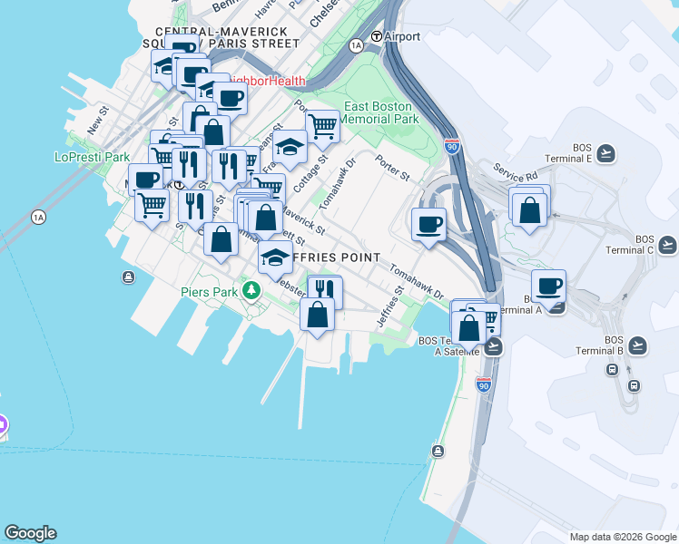 map of restaurants, bars, coffee shops, grocery stores, and more near 430 Sumner Street in Boston