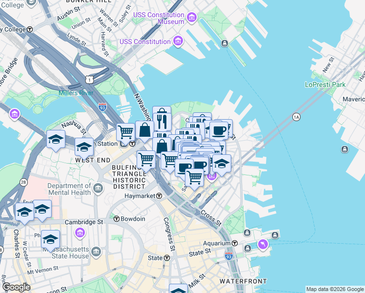 map of restaurants, bars, coffee shops, grocery stores, and more near 3 Snow Hill Street in Boston