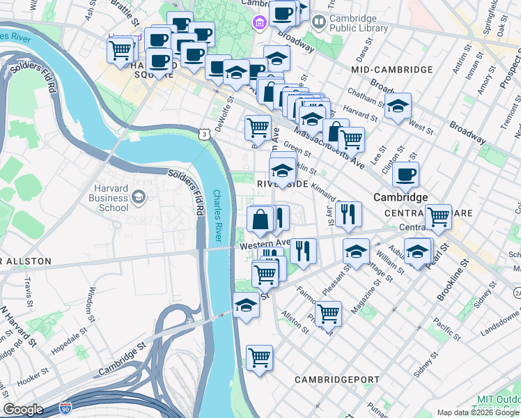 map of restaurants, bars, coffee shops, grocery stores, and more near 30 Peabody Terrace in Cambridge