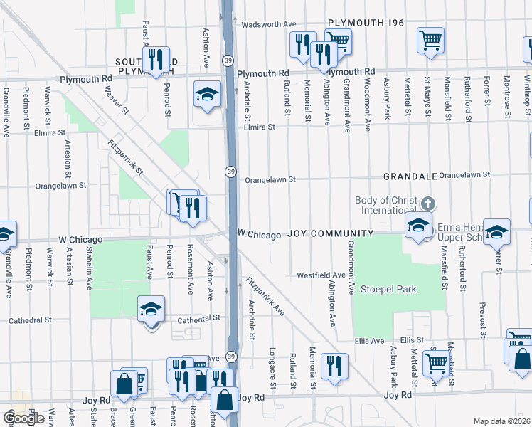 map of restaurants, bars, coffee shops, grocery stores, and more near 9556 Longacre Street in Detroit