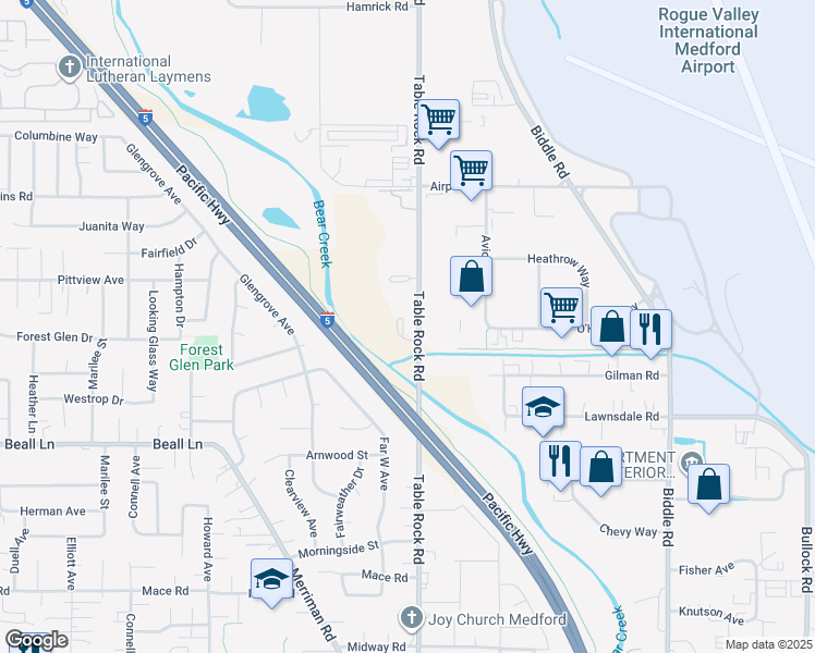 map of restaurants, bars, coffee shops, grocery stores, and more near 3377 Table Rock Road in Medford
