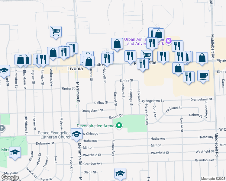 map of restaurants, bars, coffee shops, grocery stores, and more near 11087 Sunset St in Livonia