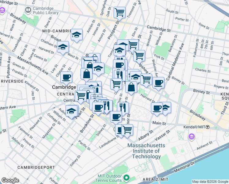 map of restaurants, bars, coffee shops, grocery stores, and more near 107 Columbia Street in Cambridge