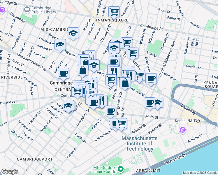 map of restaurants, bars, coffee shops, grocery stores, and more near 107 Columbia Street in Cambridge