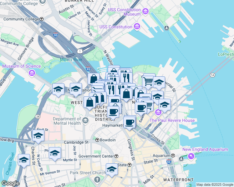 map of restaurants, bars, coffee shops, grocery stores, and more near 225 Causeway Street in Boston