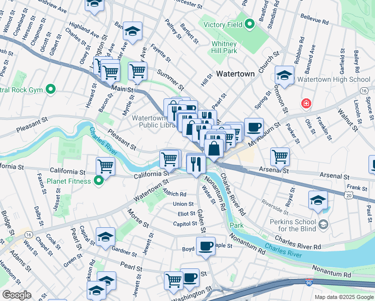 map of restaurants, bars, coffee shops, grocery stores, and more near 27 Pleasant Street in Watertown