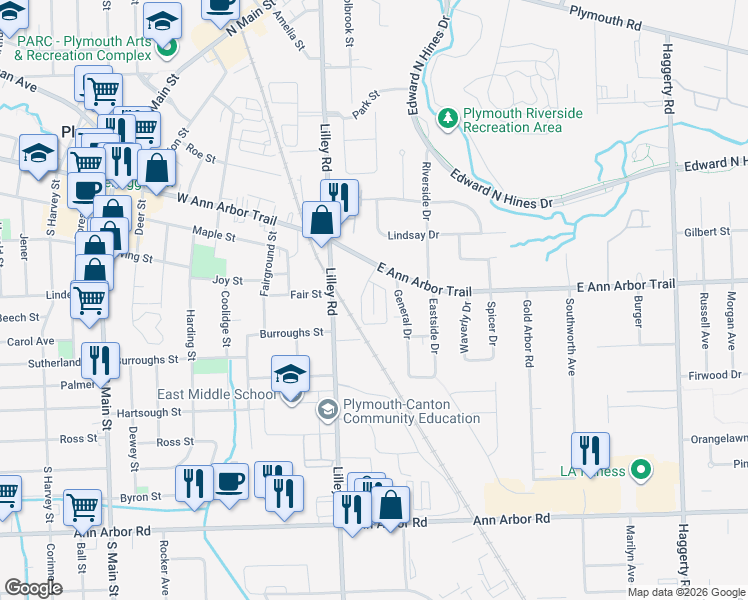 map of restaurants, bars, coffee shops, grocery stores, and more near 124 Pinewood Drive in Plymouth