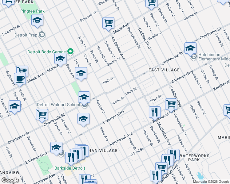 map of restaurants, bars, coffee shops, grocery stores, and more near 8875 Charlevoix Street in Detroit