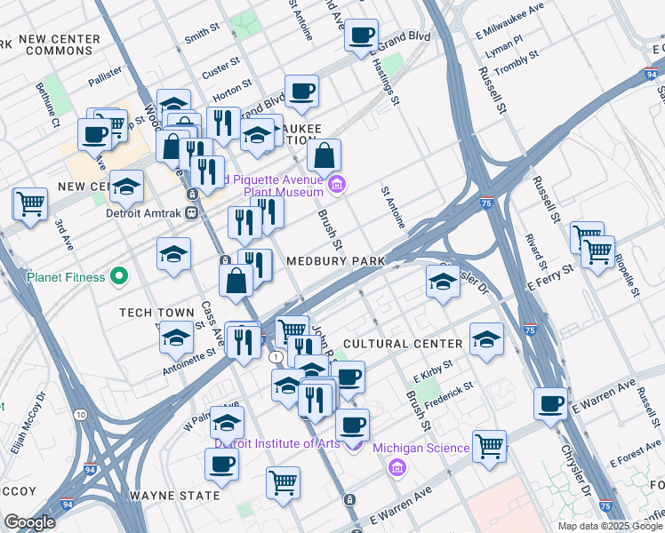 map of restaurants, bars, coffee shops, grocery stores, and more near 297 East Edsel Ford Freeway in Detroit