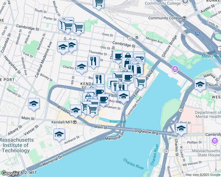 map of restaurants, bars, coffee shops, grocery stores, and more near 60 Rogers Street in Cambridge