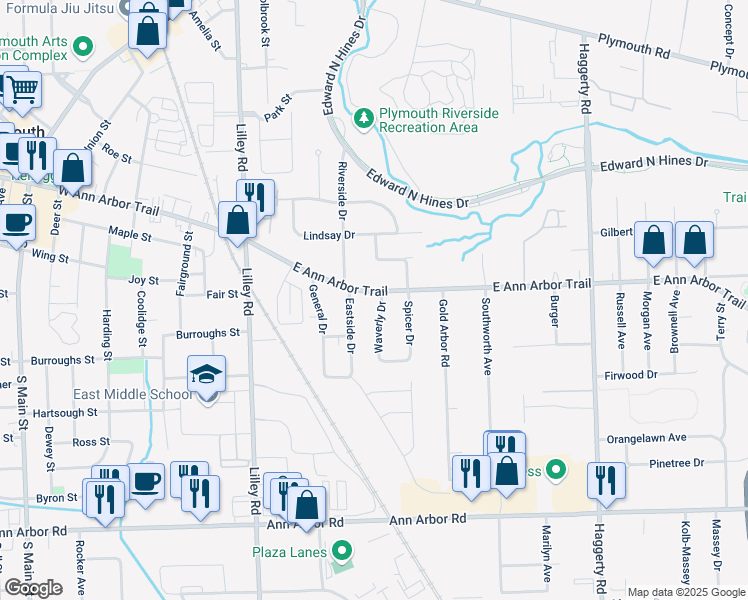 map of restaurants, bars, coffee shops, grocery stores, and more near 41701 East Ann Arbor Trail in Plymouth