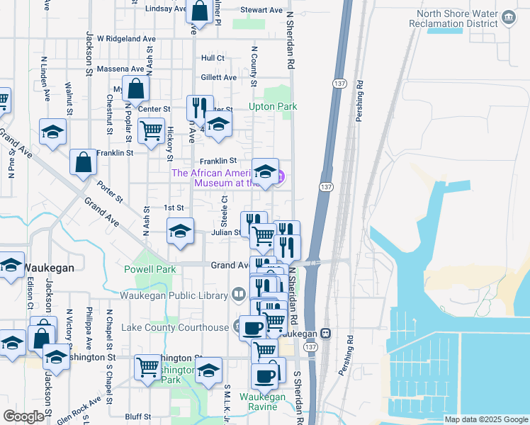 map of restaurants, bars, coffee shops, grocery stores, and more near 423 North Genesee Street in Waukegan
