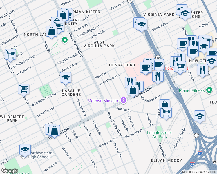 map of restaurants, bars, coffee shops, grocery stores, and more near 7434 Churchill Street in Detroit