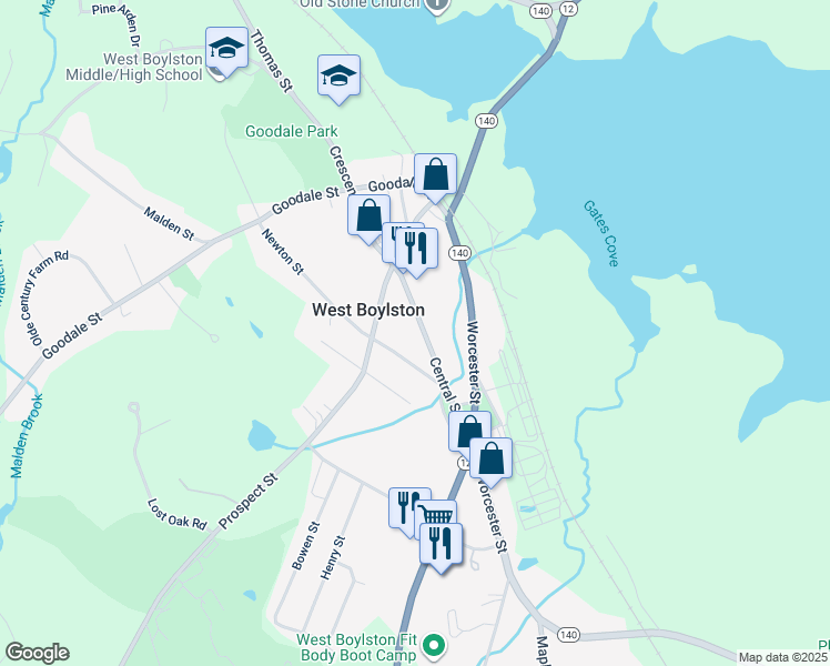 map of restaurants, bars, coffee shops, grocery stores, and more near 49 Central Street in West Boylston
