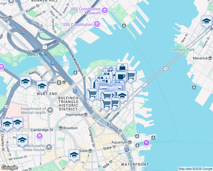 map of restaurants, bars, coffee shops, grocery stores, and more near in Boston