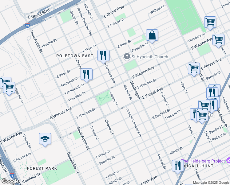 map of restaurants, bars, coffee shops, grocery stores, and more near 4835 Joseph Campau Avenue in Detroit