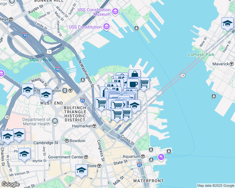 map of restaurants, bars, coffee shops, grocery stores, and more near 1 Sheafe Street in Boston