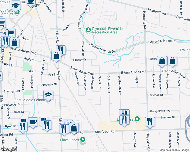 map of restaurants, bars, coffee shops, grocery stores, and more near 41701 East Ann Arbor Trail in Plymouth