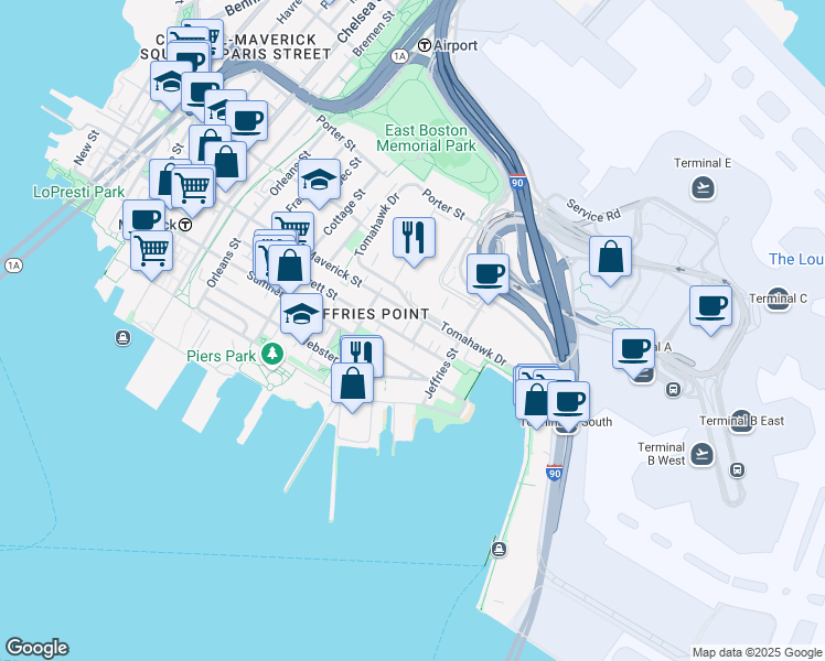 map of restaurants, bars, coffee shops, grocery stores, and more near 206 Everett Street in Boston