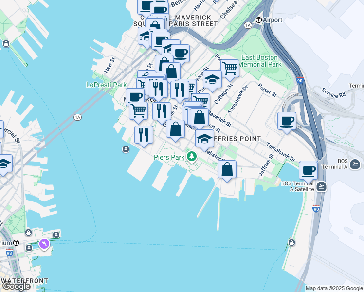 map of restaurants, bars, coffee shops, grocery stores, and more near 110A Marginal Street in Boston