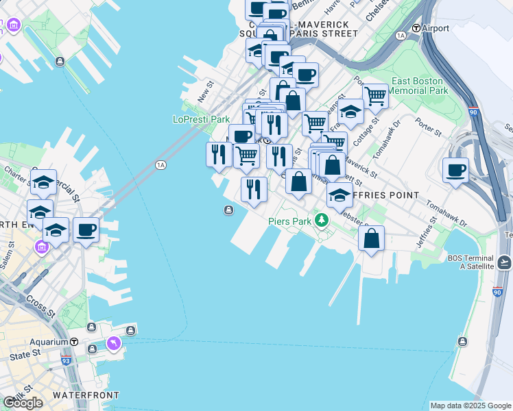 map of restaurants, bars, coffee shops, grocery stores, and more near 40 East Pier Drive in Boston