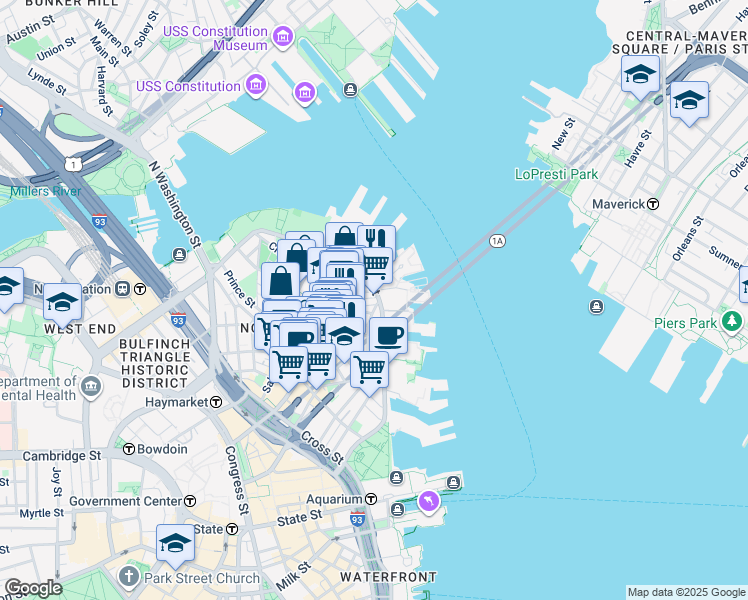 map of restaurants, bars, coffee shops, grocery stores, and more near 7 Powers Court in Boston