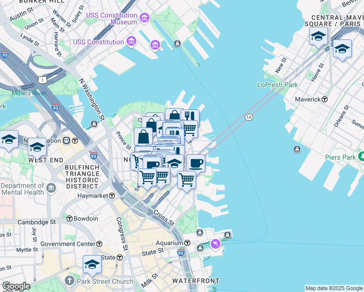 map of restaurants, bars, coffee shops, grocery stores, and more near 7 Powers Court in Boston