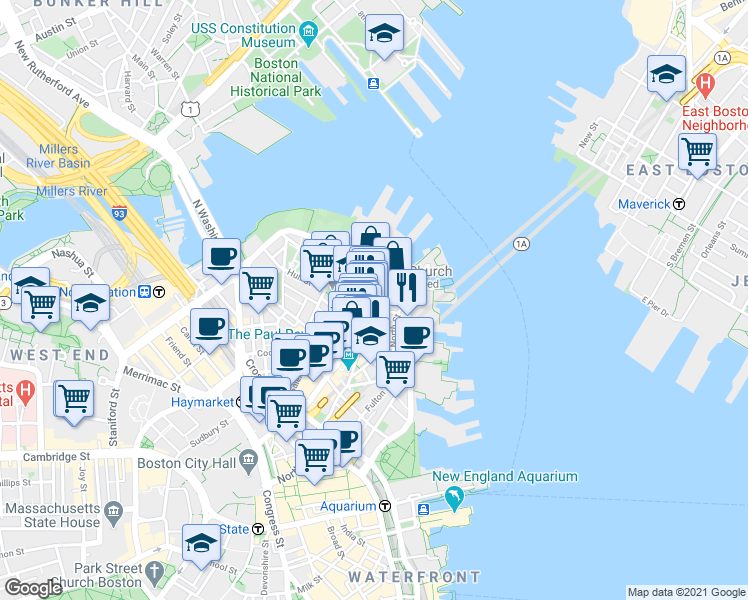 map of restaurants, bars, coffee shops, grocery stores, and more near 7 Powers Court in Boston
