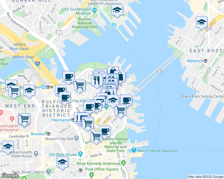 map of restaurants, bars, coffee shops, grocery stores, and more near 4 Charter Street in Boston