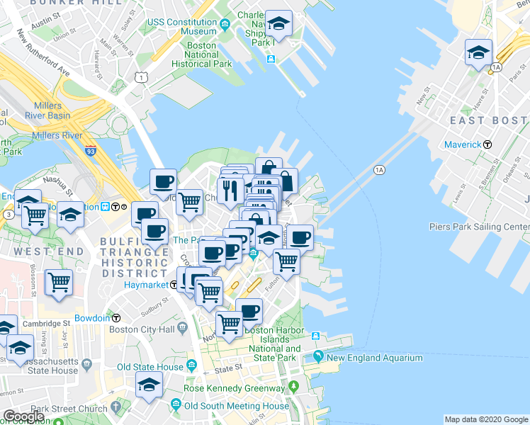 map of restaurants, bars, coffee shops, grocery stores, and more near in Boston