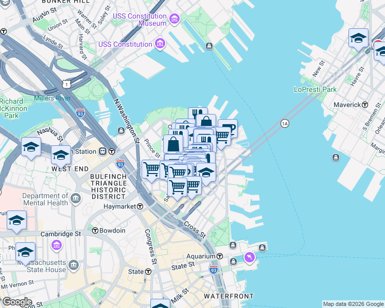 map of restaurants, bars, coffee shops, grocery stores, and more near in Boston