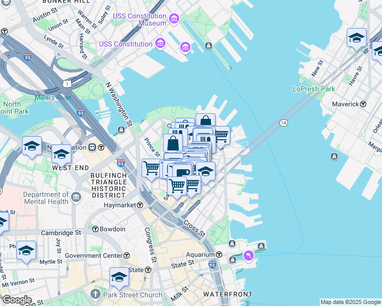 map of restaurants, bars, coffee shops, grocery stores, and more near 4 Charter Street in Boston