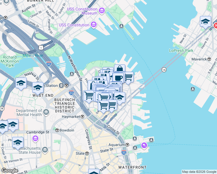 map of restaurants, bars, coffee shops, grocery stores, and more near in Boston