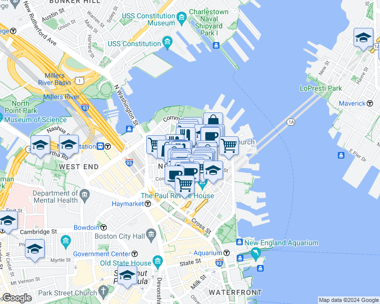 map of restaurants, bars, coffee shops, grocery stores, and more near in Boston