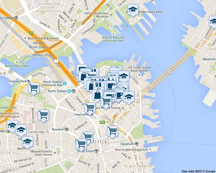 map of restaurants, bars, coffee shops, grocery stores, and more near 3 Snow Hill Street in Boston