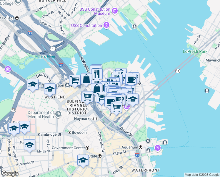 map of restaurants, bars, coffee shops, grocery stores, and more near 3 Snow Hill Street in Boston