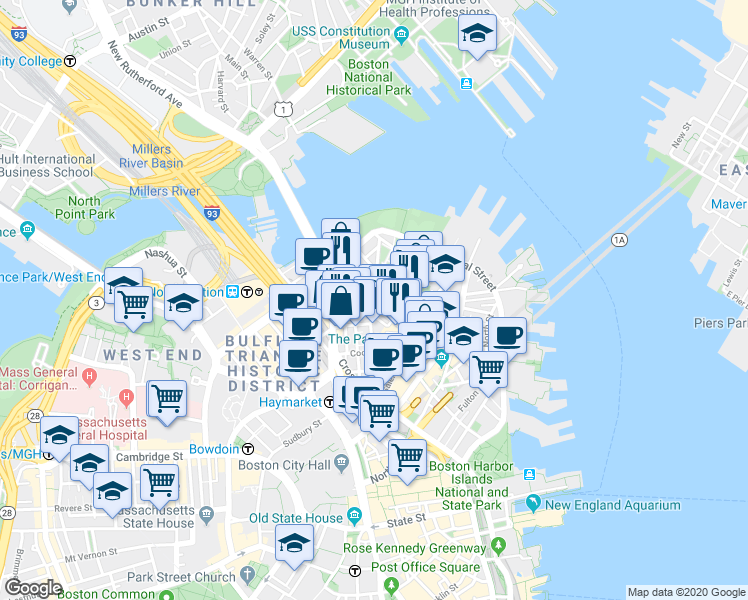 map of restaurants, bars, coffee shops, grocery stores, and more near 3 Snow Hill Street in Boston
