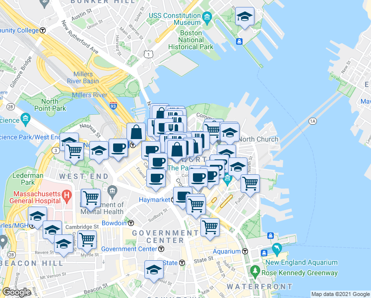 map of restaurants, bars, coffee shops, grocery stores, and more near 7 Endicott Court in Boston