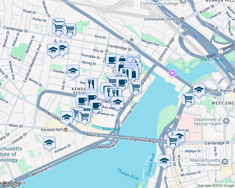 map of restaurants, bars, coffee shops, grocery stores, and more near 33 Rogers Street in Cambridge