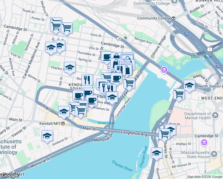 map of restaurants, bars, coffee shops, grocery stores, and more near 33 Rogers Street in Cambridge