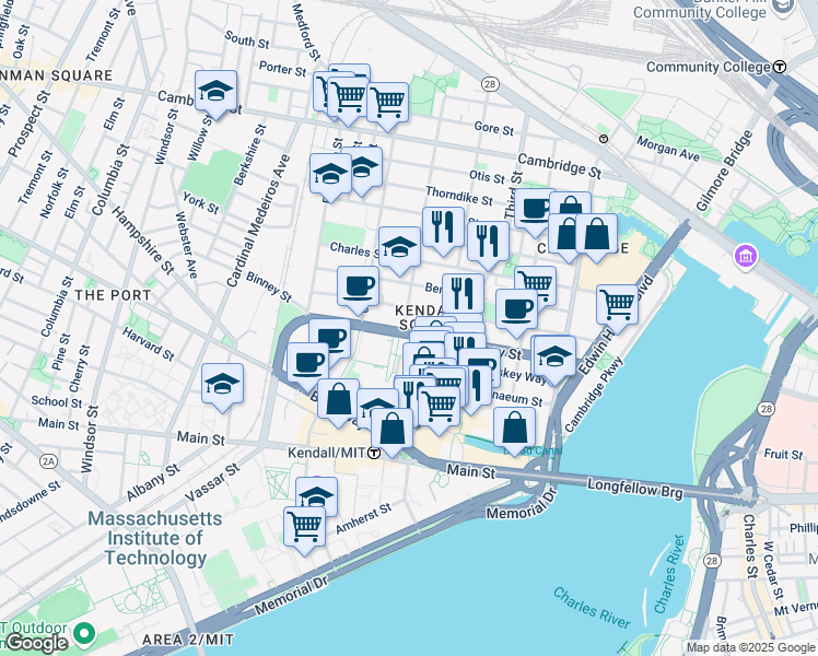 map of restaurants, bars, coffee shops, grocery stores, and more near 195 Binney Street in Cambridge