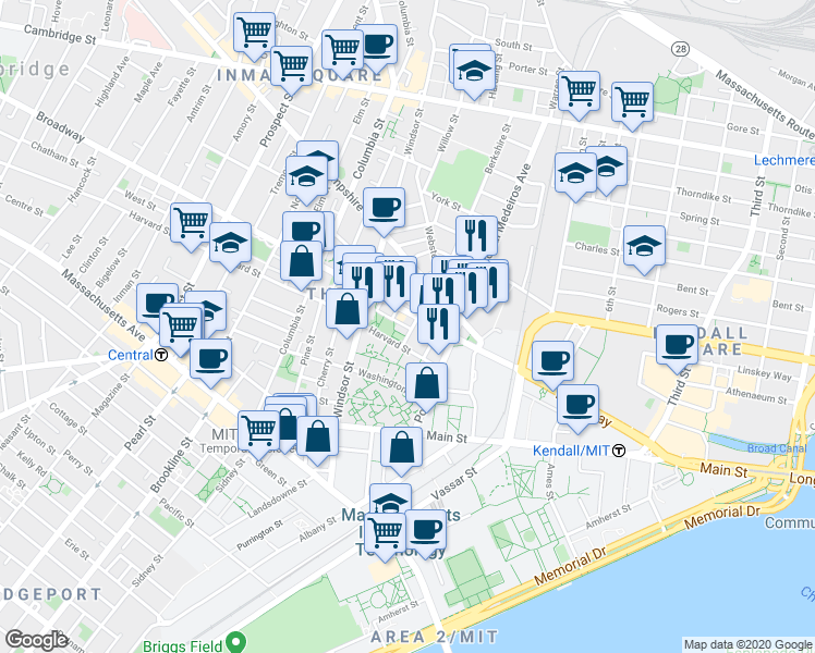 map of restaurants, bars, coffee shops, grocery stores, and more near 89 Moore Street in Cambridge