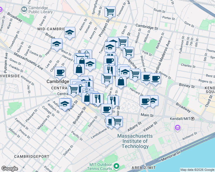 map of restaurants, bars, coffee shops, grocery stores, and more near in Cambridge