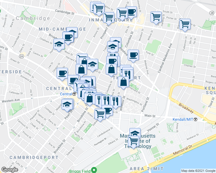 map of restaurants, bars, coffee shops, grocery stores, and more near in Cambridge