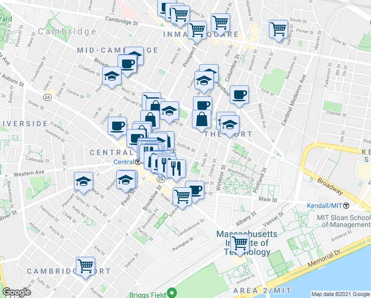 map of restaurants, bars, coffee shops, grocery stores, and more near 385 Washington Street in Cambridge