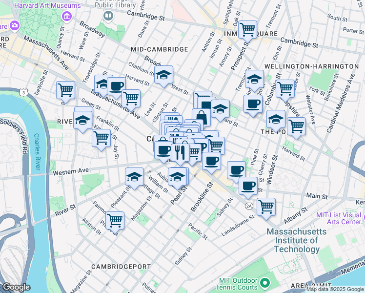 map of restaurants, bars, coffee shops, grocery stores, and more near in Cambridge