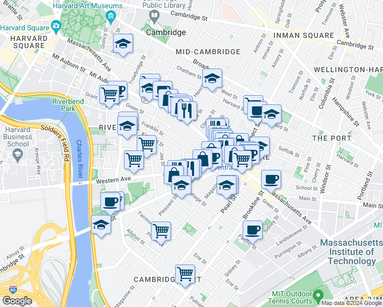 map of restaurants, bars, coffee shops, grocery stores, and more near 345 Franklin Street in Cambridge