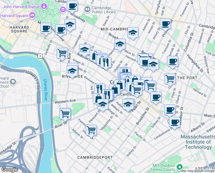 map of restaurants, bars, coffee shops, grocery stores, and more near 345 Franklin Street in Cambridge